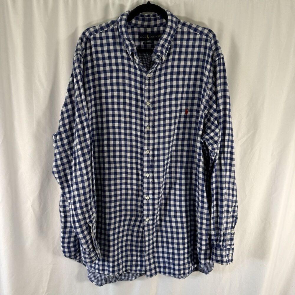Ralph Lauren Button Down Shirt Men's 2XL Blue White Plaid Classic Fit Long Sleev